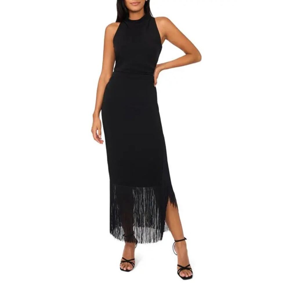 Parker Sofia Fringe Hem Sheath Dress Black High Neck Ruched SZ 12